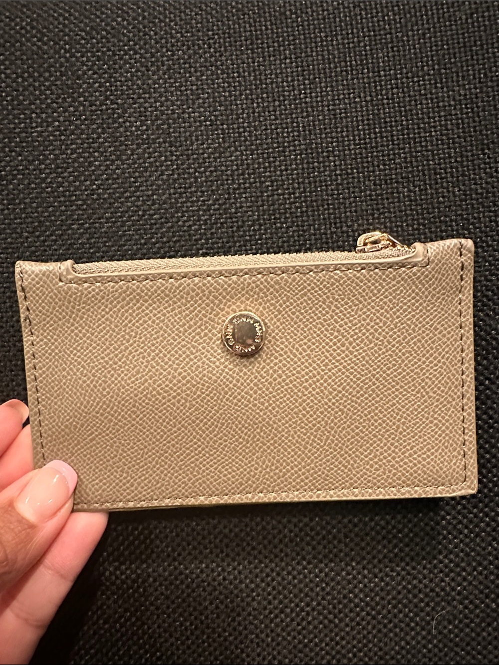 Mango taupe card holder with top zip and snap
